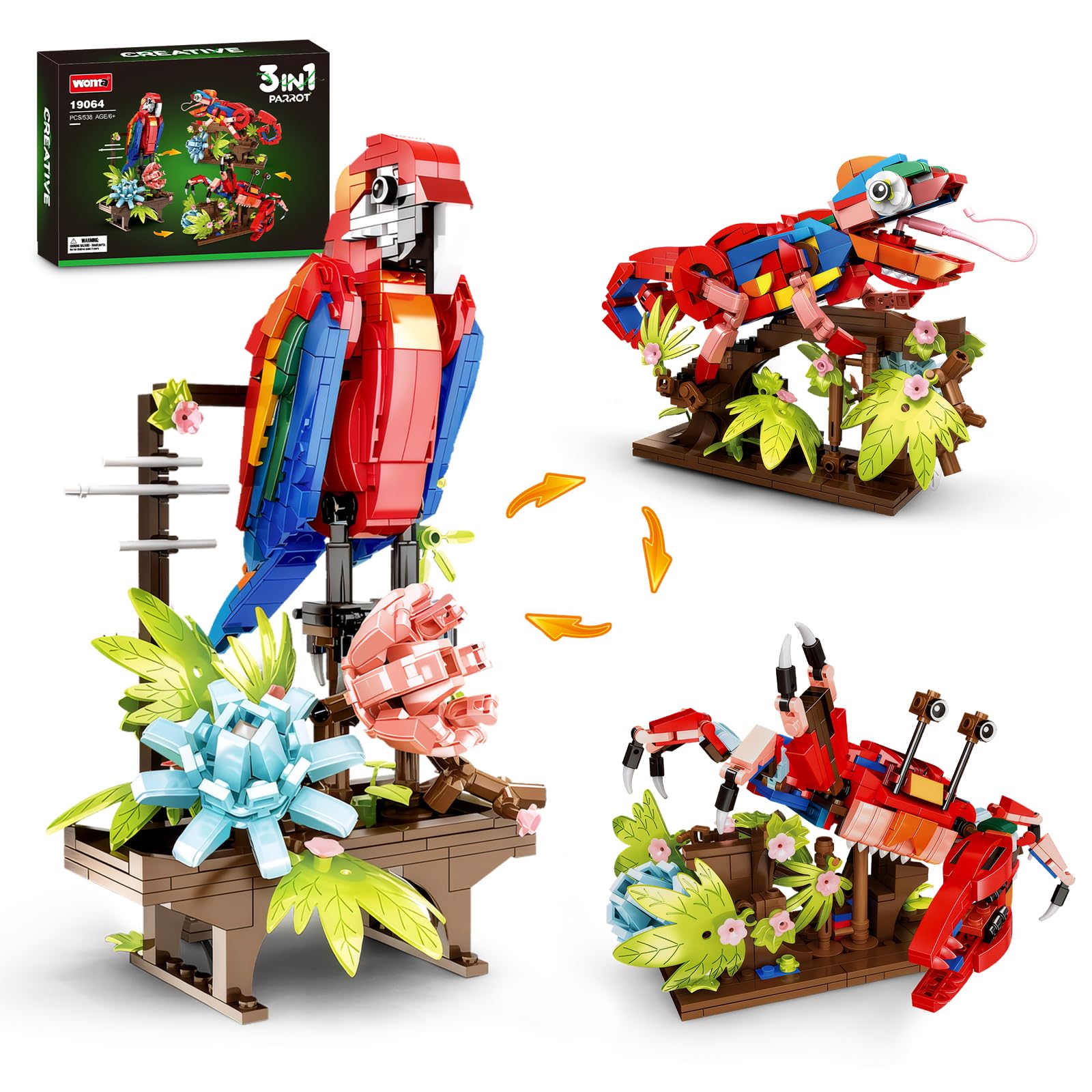 Photo 1 of 3 in 1 Animals Parrot Chameleon Crab Building Block Set, Flowers Botanical Animal Building Toy, Compatible with Lego Creative Construction Gift for Adults Kids Boys Girls 6+(538PCS)