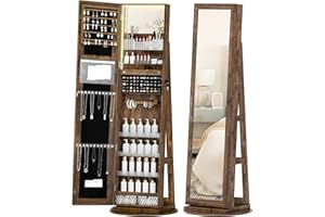 TJYGO Mirror Jewelry Cabinet Standing, Jewelry Armoire with 3 Color LED Lights, 360° Swivel Lockable Jewelry Organizer with Storage Shelves