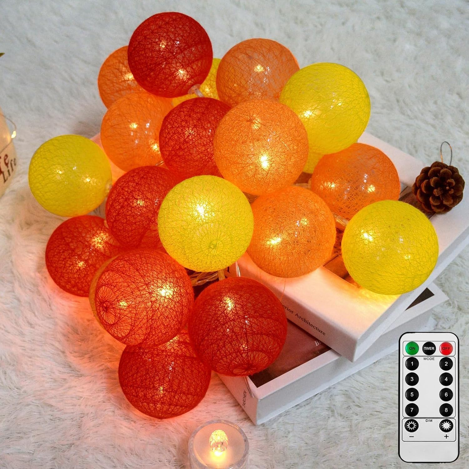 Ciskotu Fairy Lights LED String Lights - 3.8M 20 Pcs UK Plug 8 Lighting Modes Cotton Ball String Lights with Remote Control for Wedding Party Home Christmas Decoration, Maplered