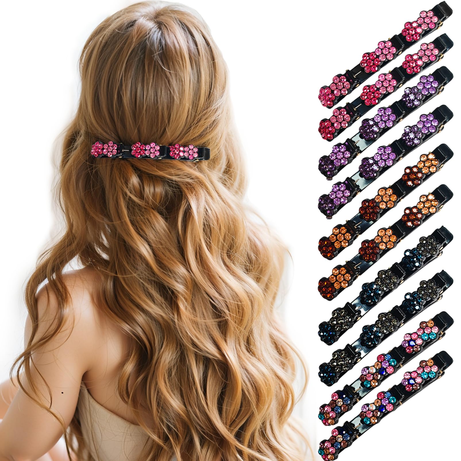 Hair Clip with Crystal Flower, Pack of 10 Hair Clips, Women's Hummingbird Hair Clip, Hair Clip with 3 Clips, Double Layer Hair Clip, Braided Hair Clips, Elegant Hair Styling Clips for Women and Girls