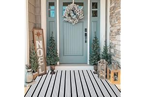 CAINANEL Black and White Striped Outdoor Rug Front Porch Rug 35.4'' x 59'' Front Door Mat Cotton Hand-Woven Reversible Mats for Outdoor,Entryway,Laundry Room,Farmhouse,Kitchen (35.4''x59')