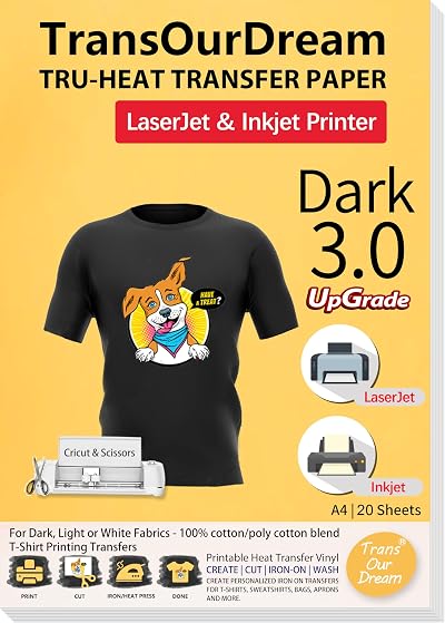 TransOurDream Tru-Tshirt Transfer Paper 3.0 Dark 20 Sheets A4 for Inkjet Laser