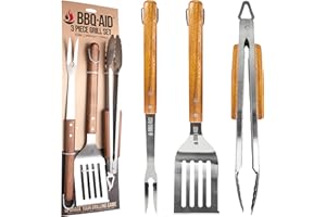 BBQ-AID 3 Piece BBQ Grilling Accessories Set - BBQ Tongs Spatula Fork Set - Heavy Duty Stainless Steel Barbecue Grill Tools with Solid Hard Wood Handles Great Gift Set