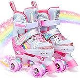 Kids Roller Skates for Girls and Boys, 4 Size Adjustable Rainbow Girls Skates with Light Up Wheels, Toddler Skates for Boys, Beginner Kids Roller Skates Indoor Outdoor
