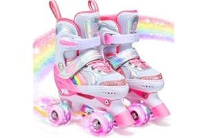 Kids Roller Skates for Ages 5-8/8-12/6-12, 4 Size Adjustable Rainbow GirlsSkates with Light Up Wheels, Toddler Roller Skate f