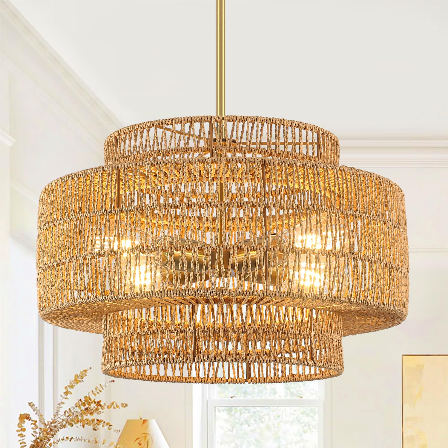 Photo 1 of TOULMJ 4-Light Boho Rattan Chandelier, 17.71 Inch Drum Chandelier Dining Room Light, 3-Tier Hand Woven Farmhouse Chandeliers for Kitchen Island Entryway Bedroom
