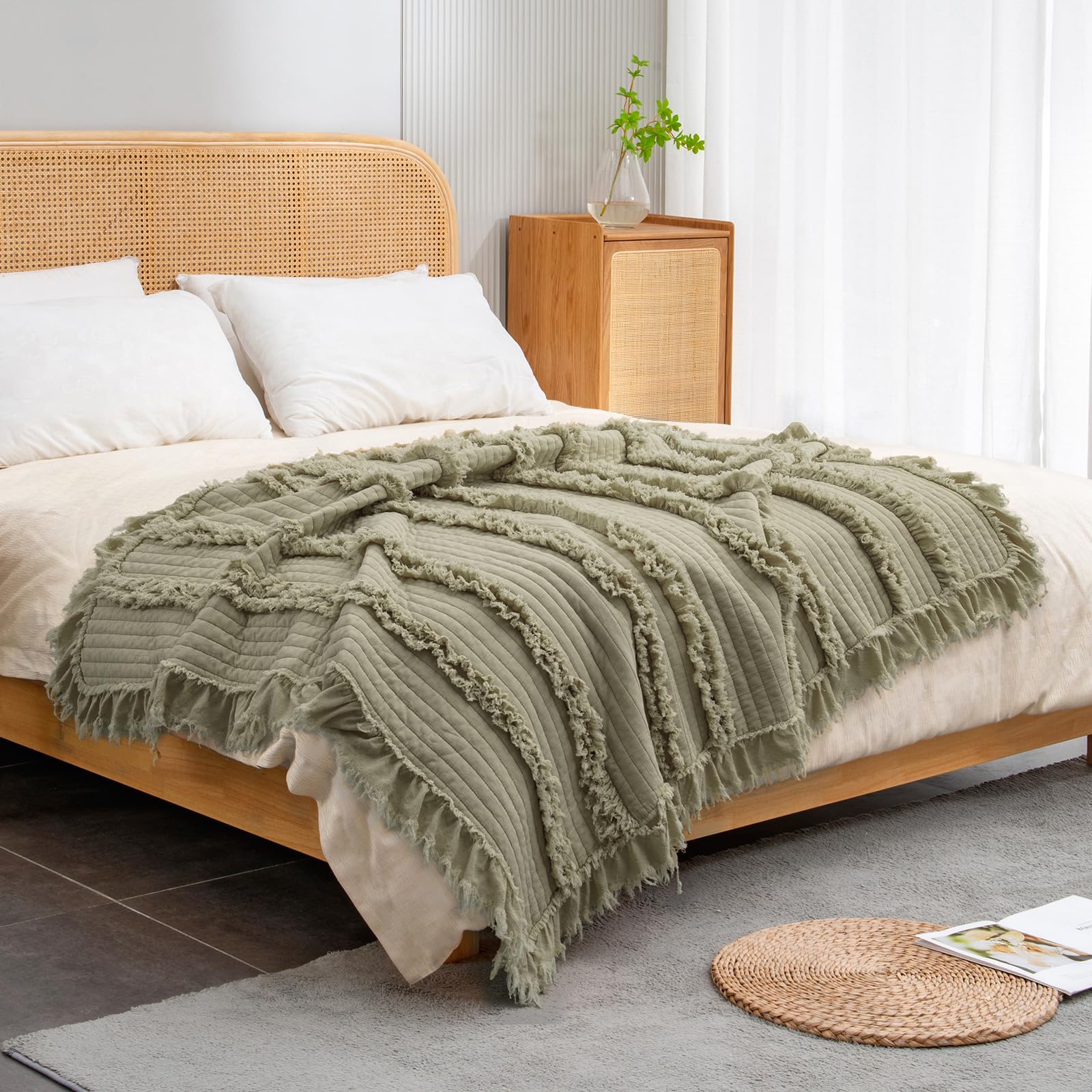 Photo 1 of Ultra Soft Pre-Washed Quilted Boho Olive Green King Size Blankets for Bed, Sage Green Ruffle Fringed Decorative Throw, Stone Washed Chic Rustic Blanket for Sofa Couch Bed, 104"*90"