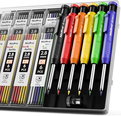 Nicpro Deep Hole Marker Pencil Set 6 Solid Carpenter Pencils with 54 Refills