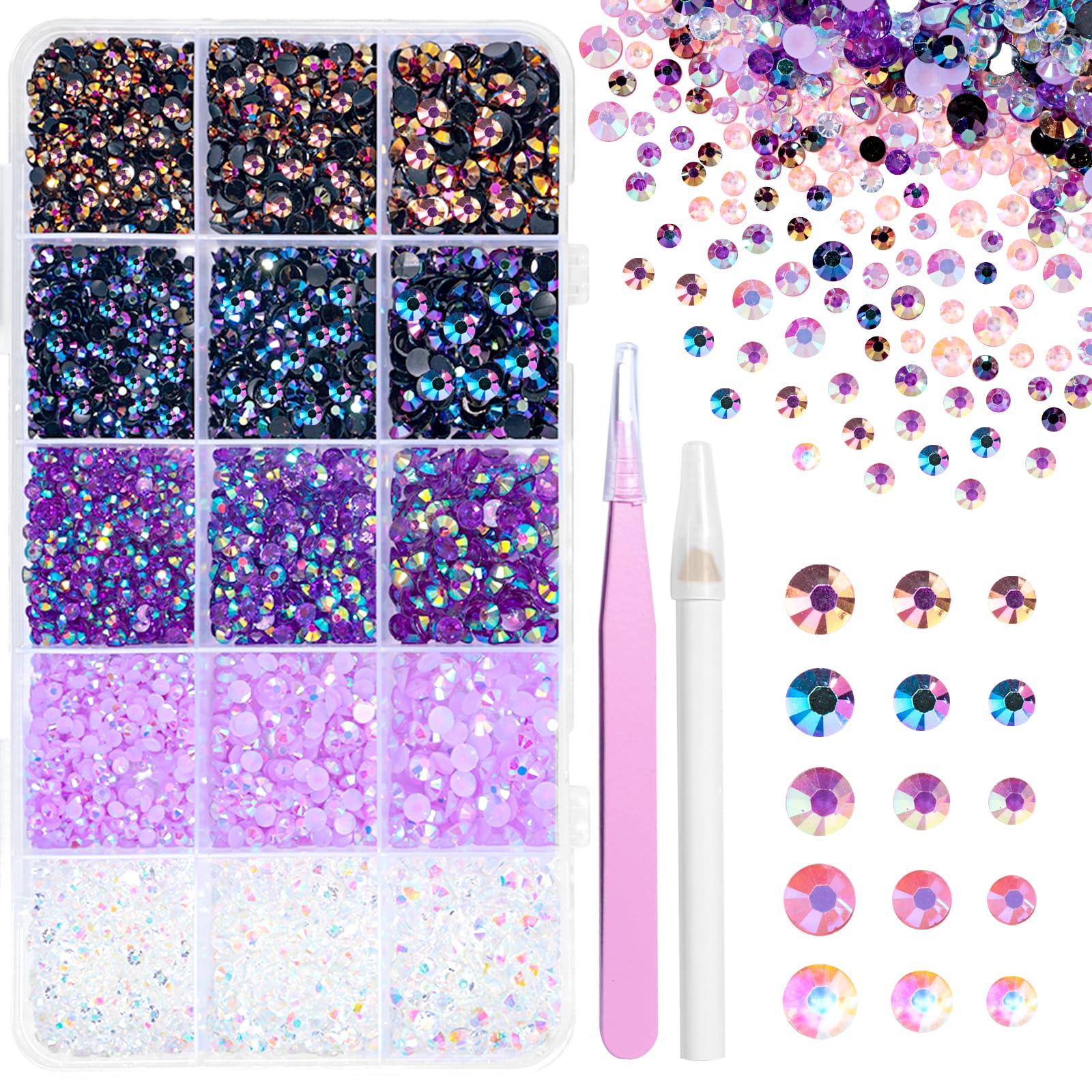 Photo 1 of 12000 Pcs Resin Jelly Rhinestones for Crafting, Multi Sizes Flatback Purple Color Gems, Bedazzling Crystal with Pickup Tool for DIY Crafts Clothing Shoes Fabric Nail Art