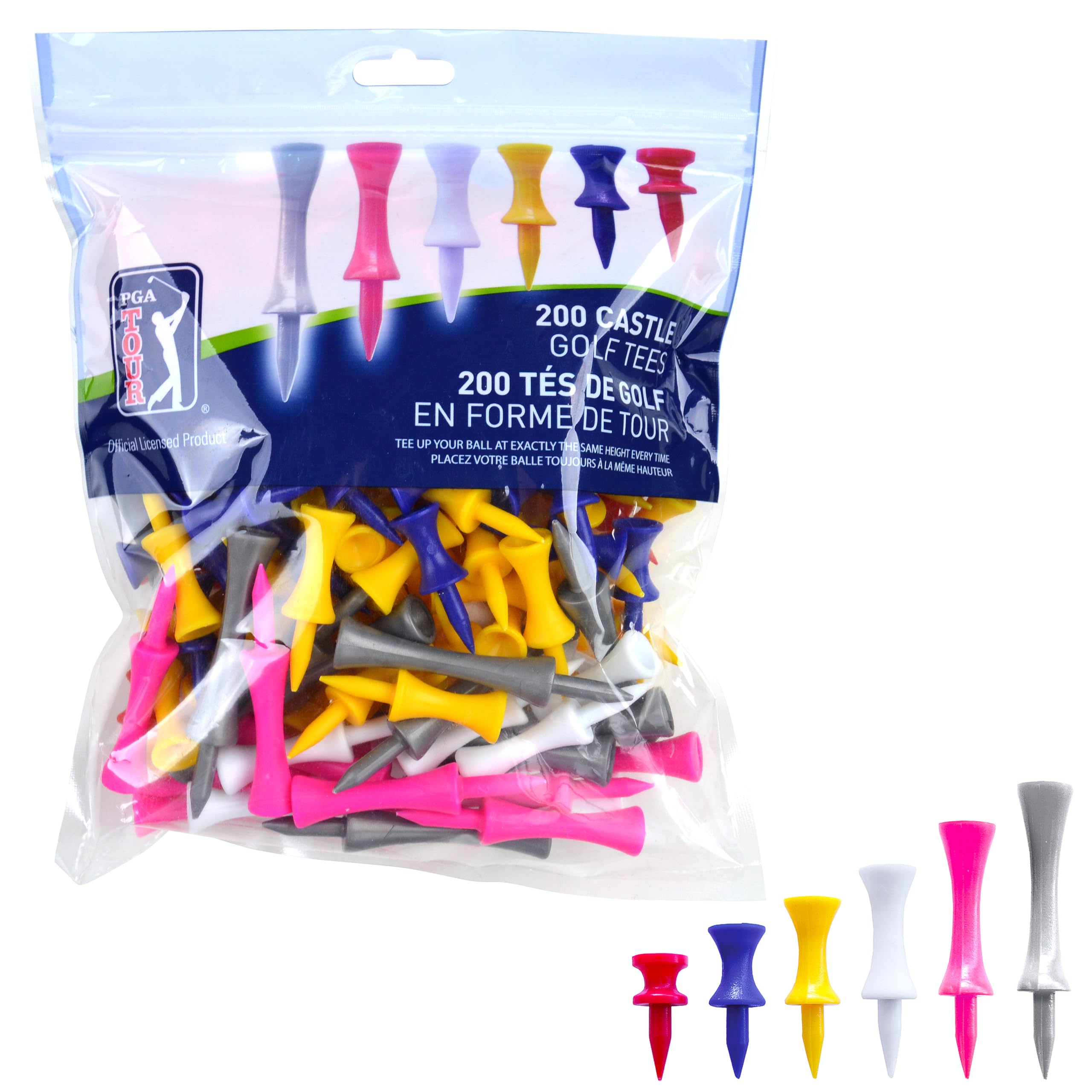 PGA Tour 200 Castle Golf Tees - Red/Yellow/Blue/Pink/Gray