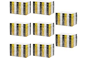 MZJU 8P Wavy Metallic Tinsel Foil Fringe Table Skirts for Rectangle Tables Backdrop Garland Curtains for Parade Floats Wedding Birthday Parties Decoration Halloween Christmas (Gold Black Silver)