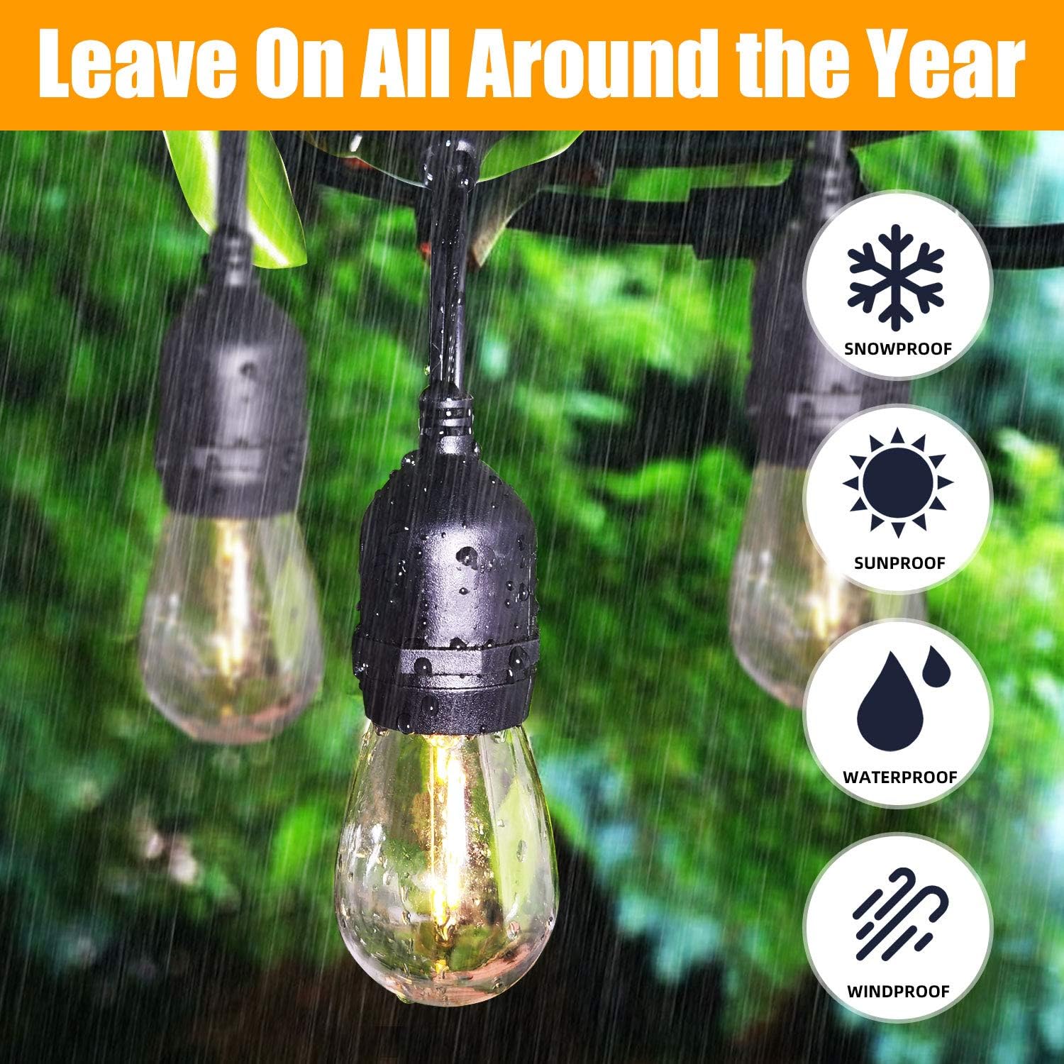 48ft 2 Packs LED Outdoor String Lights with Waterproof Shatterproof Dimmable 2700K Warm White Filament Bulbs, E26 15 Sockets Linkable Commercial Grade Hanging String Lights for Patio Deck Backyard: Home Improvement