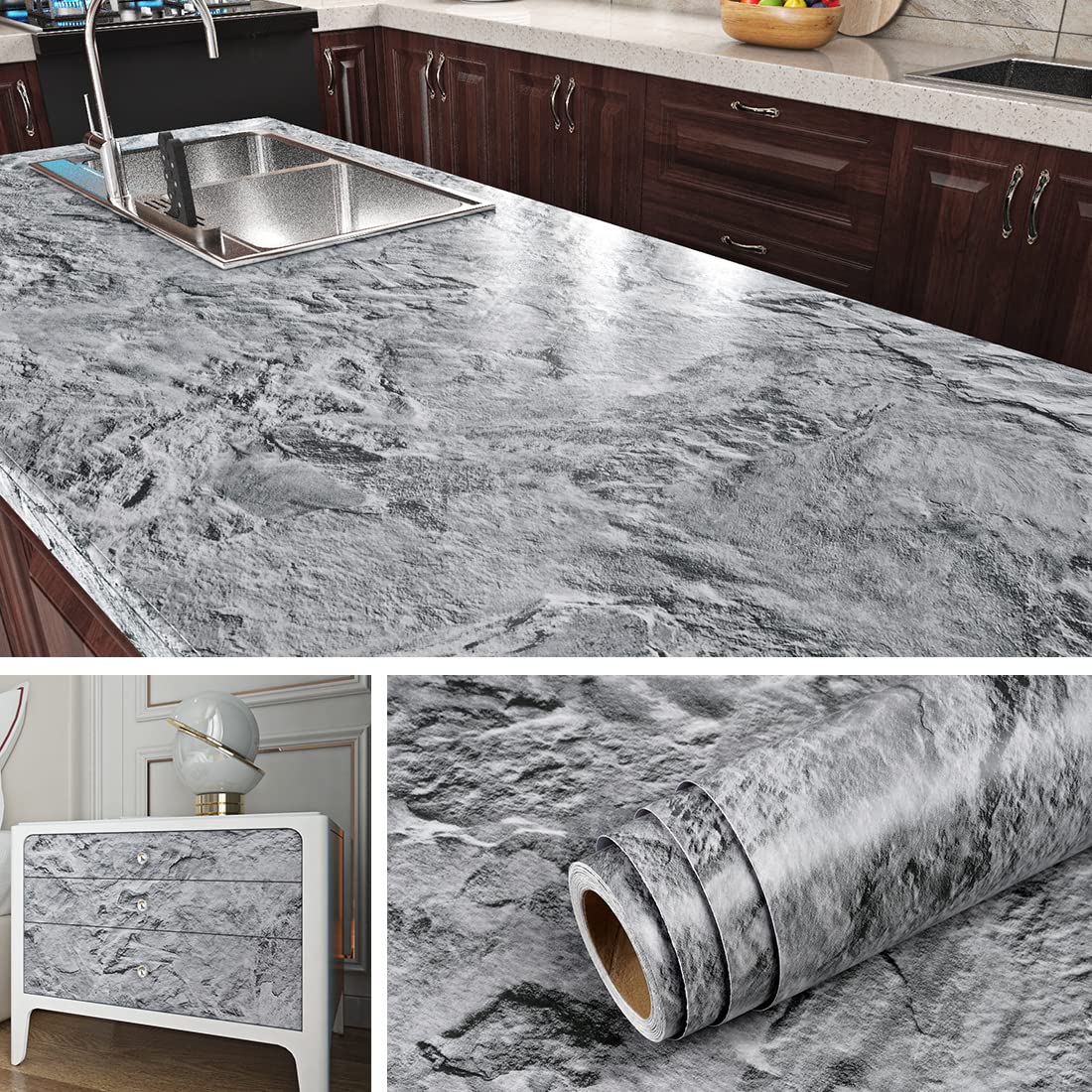 Livelynine Marble Sticky Back Plastic Grey 40CMx5M Vinyl Wrap for Kitchen Worktop Grey Waterproof Worktop Vinyl Covering Gray Marble Vinyle Wrap for Kitchen Cupboards Table Counter Top Covering