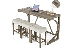 allamazing 4-Piece Counter High Bar Table Set with Socket and 3 Fabric Padded Bar Stools, Tall Kitchen Breakfast Nook with Stool (1+3 Natural)