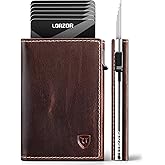 LORZOR Wallet for Men with Metal Card Holder, Pop Up Wallet, Finest Full Grain Leather Trifold Wallet, Smart, Minimalist, RFID Blocking, Front Pocket, ID Window, VintageBrown/Silver