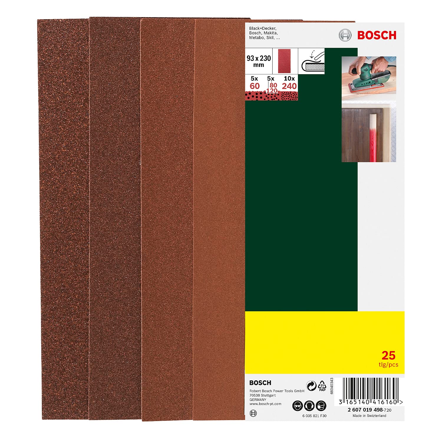 Bosch 25 Sanding Sheet Set for Orbital Sanders, 60-240 Grit, 93x230mm (not-Punched)