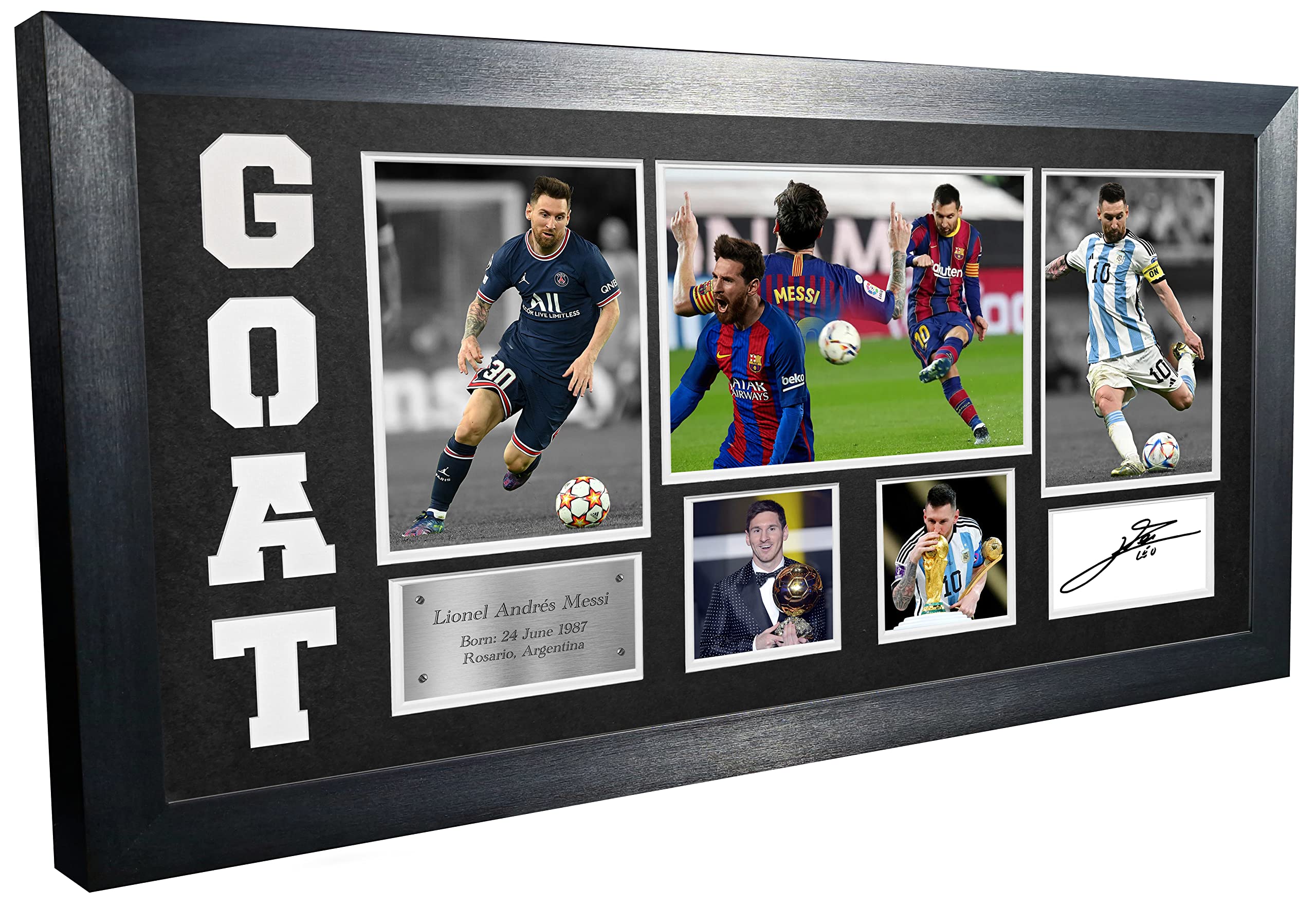 Lionel Messi GOAT Black or White Mount Barcelona PSG Paris Saint-Germain Argentina Signed Autographed Photo Photograph Picture Frame Football Soccer Poster Gift (Black Mount)
