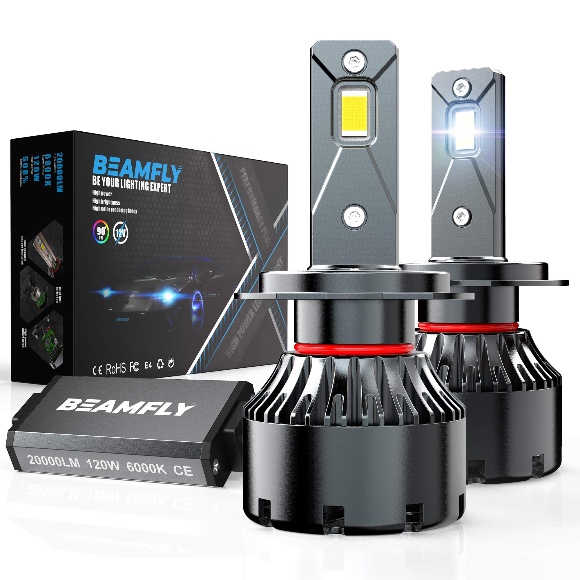 BEAMFLY H7 LED Headlight Bulbs 20000LM, Car High/Low Beam Lamps 12V 120W High Power, 6000K White, Set of 2