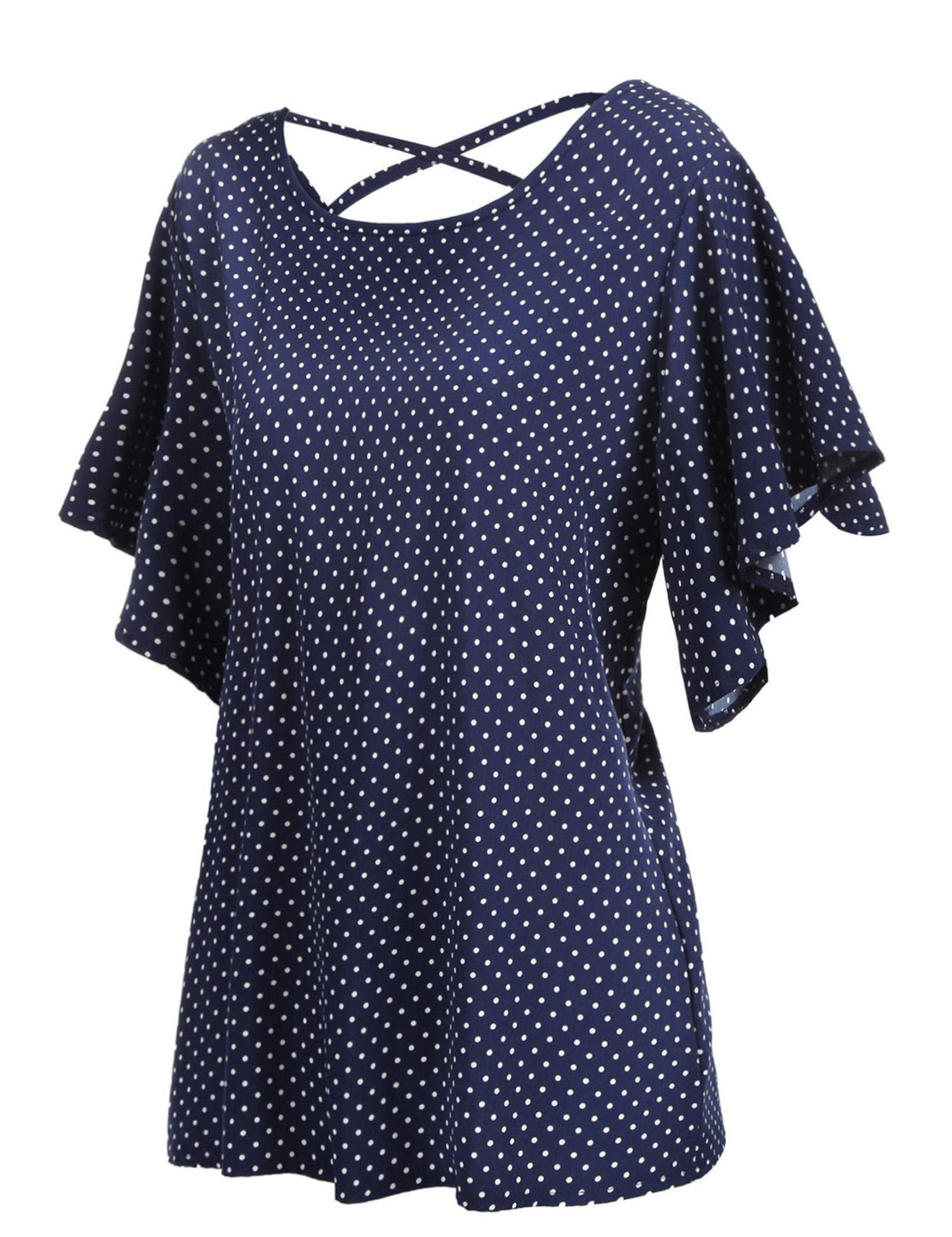 Zeagoo Women Vintage Retro Polka Dot Print Blouse Cocktail Party Casual Top Tee Navy Blue/M