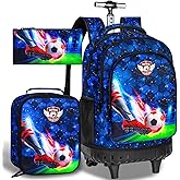 CCJPX 3PCS Rolling Backpack for Boys, 21 Inch Soccer Water Resistant Backpacks with Roller Wheels, Football Wheeled Bookbag for Teens Elementary School Travel-Blue