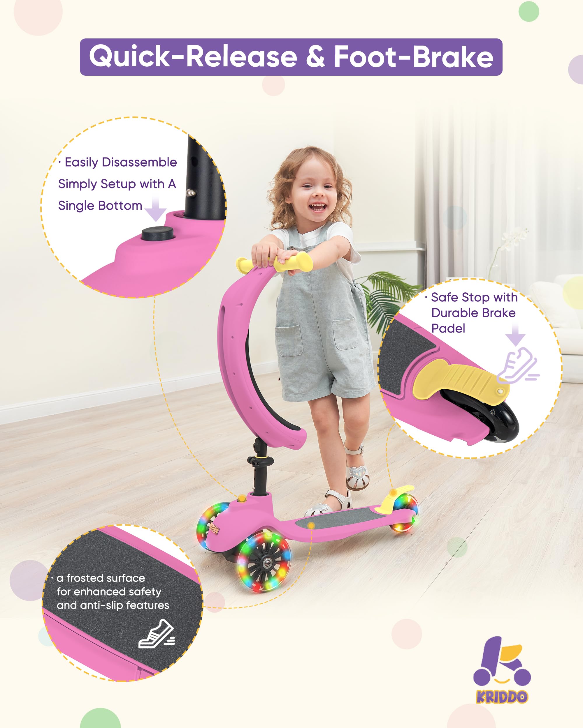KRIDDO 3-in-1 Scooter for Kids Ages 1-5 Years Old, Folding Scooter with 3 Lighted Wheels, Wide Standing Board, Adjustable Height, Learn-to-Steer Handlebar, for Indoor and Outdoor