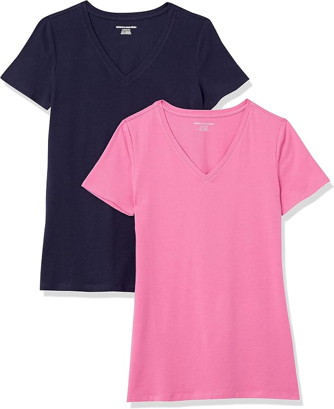 Maglietta con Scollo a v a Maniche Corte Vestibilità Regolare Donna, Pacco da 2, Rosa/Blu Marino, M