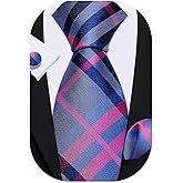 Barry.Wang Plaid Ties Check Mens Necktie Set with Handkerchief Cufflinks Classic Stripe