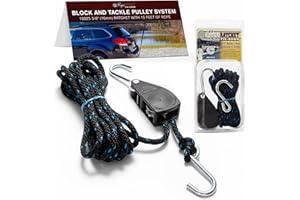 Rope Ratchet 3/8" Block and Tackle Pulley System, Adjustable Hoist for Lifting Gear, Outdoor Utility Rig for Elevating, Tensioning, Securing Equipment, 15' Braided Polypropylene Rope, 250 lb Capacity