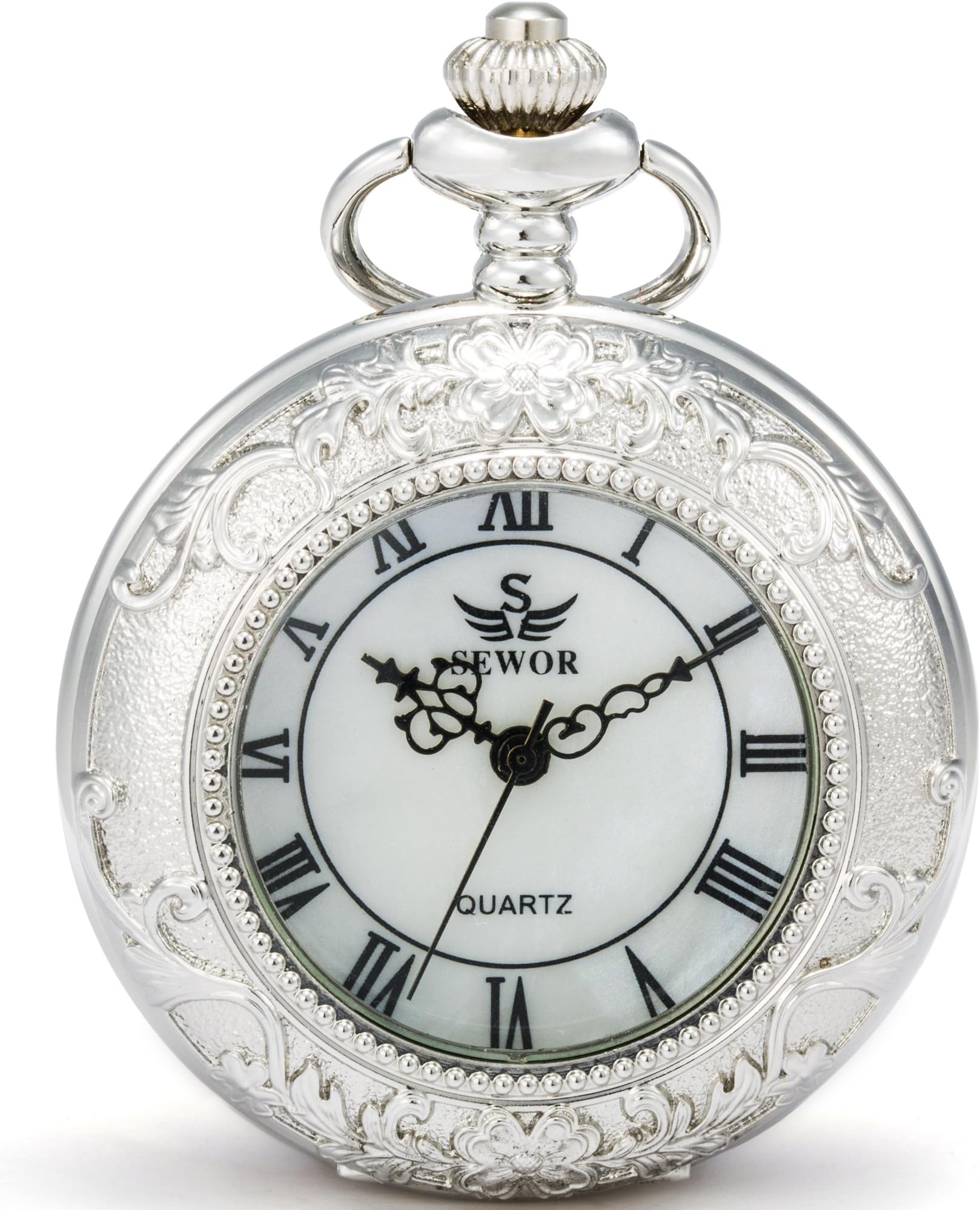 Quartz Pocket Watch Shell Dial Magnifier Case with Two Type Chain (Leather+Metal)
