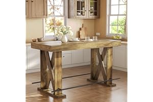 LITTLE TREE 63-Inch Industrial Bar Table with Metal Footrest, Kitchen Pub Table with Sturdy and Heavy Duty X-Base, for Dining