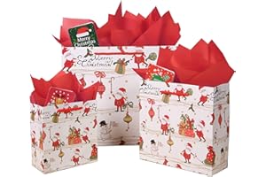12 Pieces Gift Bags with Tissue Paper, Santa Bags, Christmas Gift Bags Perfect for Holidays, 3-Sizes Red Xmas Shopping Bag fo