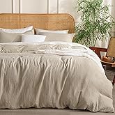 David's Home 100% Cotton Muslin Duvet Cover Set Queen Size,3 Pcs Ultra Soft Breathable & Lightweight Gauze Bedding Set with 2 Pillowcases,Textured Home Decor with Button, 90"×90" Natural,No Insert