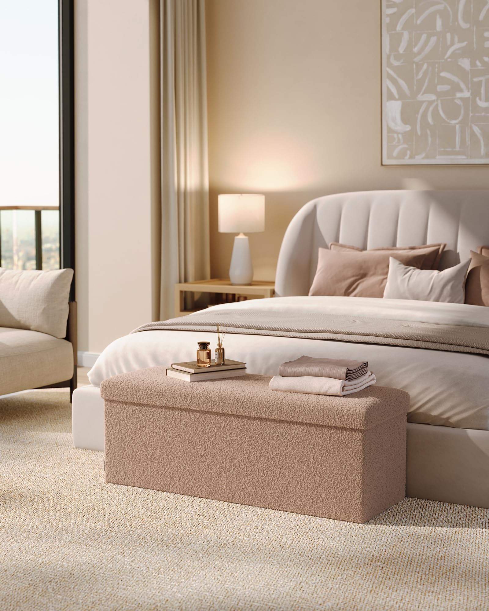 SONGMICS Hocker mit Stauraum, Faltbarer Sitzhocker, 38 x 110 x 38 cm Fußhocker, Sitzbank, Bettbank, Aufbewahrungsbox, bis 300 kg belastbar, Wohnzimmer Schlafzimmer Flur, Kamelbraun LSF097K01V1 2