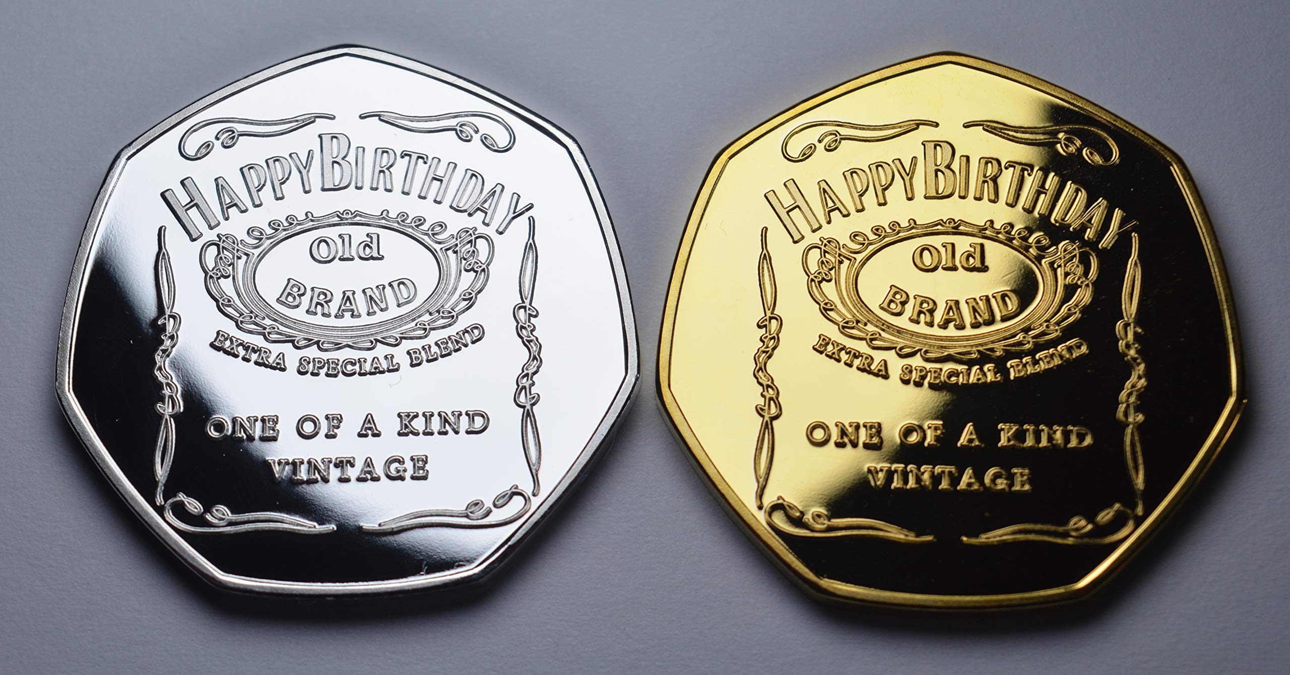 The Commemorative Coin Company Pair of 'OLD BRAND WHISKY' HAPPY BIRTHDAY Commemoratives. Silver & 24ct Gold. Unique Gift/Present Party/Celebration Ideas. Whisky/Bourbon