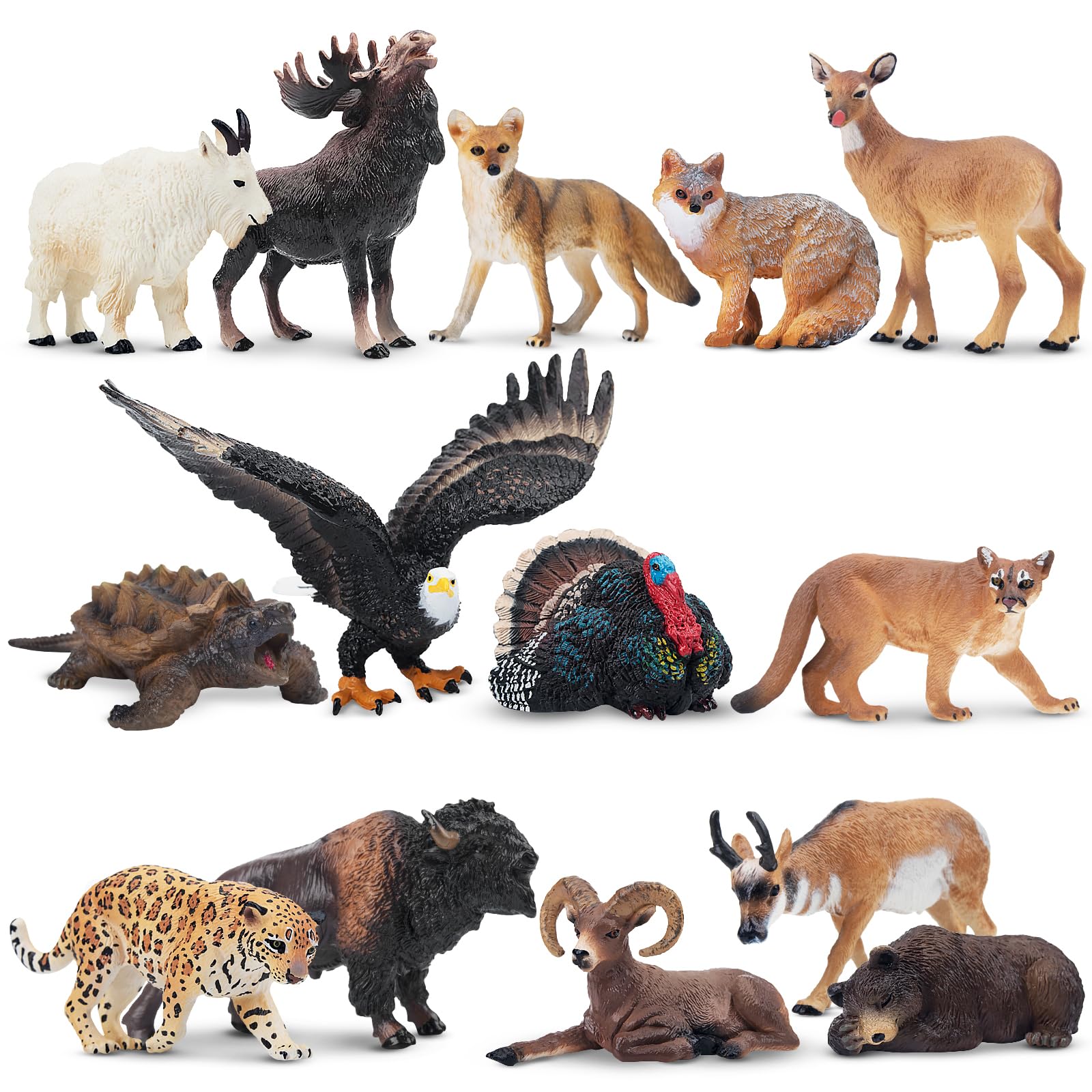 Photo 1 of Toymany 14PCS Mini North American Forest Animals Figurines, Realistic Jungle Animal Toys Includes Elk Pronghorn Jaguar Gey Fox for Kids Adults Toddlers
