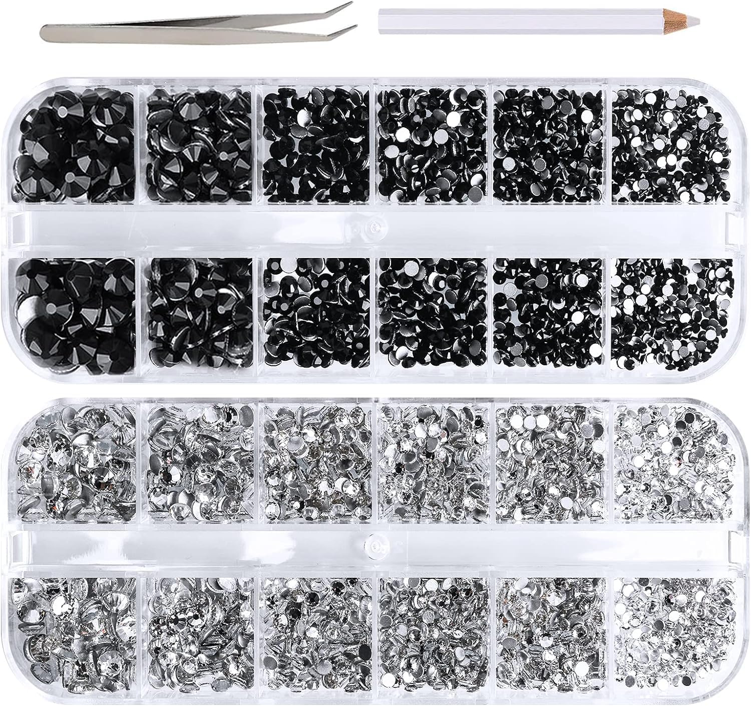 Rhinestones for Craft, Flat Back Rhinestones 6 Sizes (2-5) with Pick Up Tweezer for Crafts Nail Face Art Clothes Shoes Bags Phone Case DIY (Black&Clear)