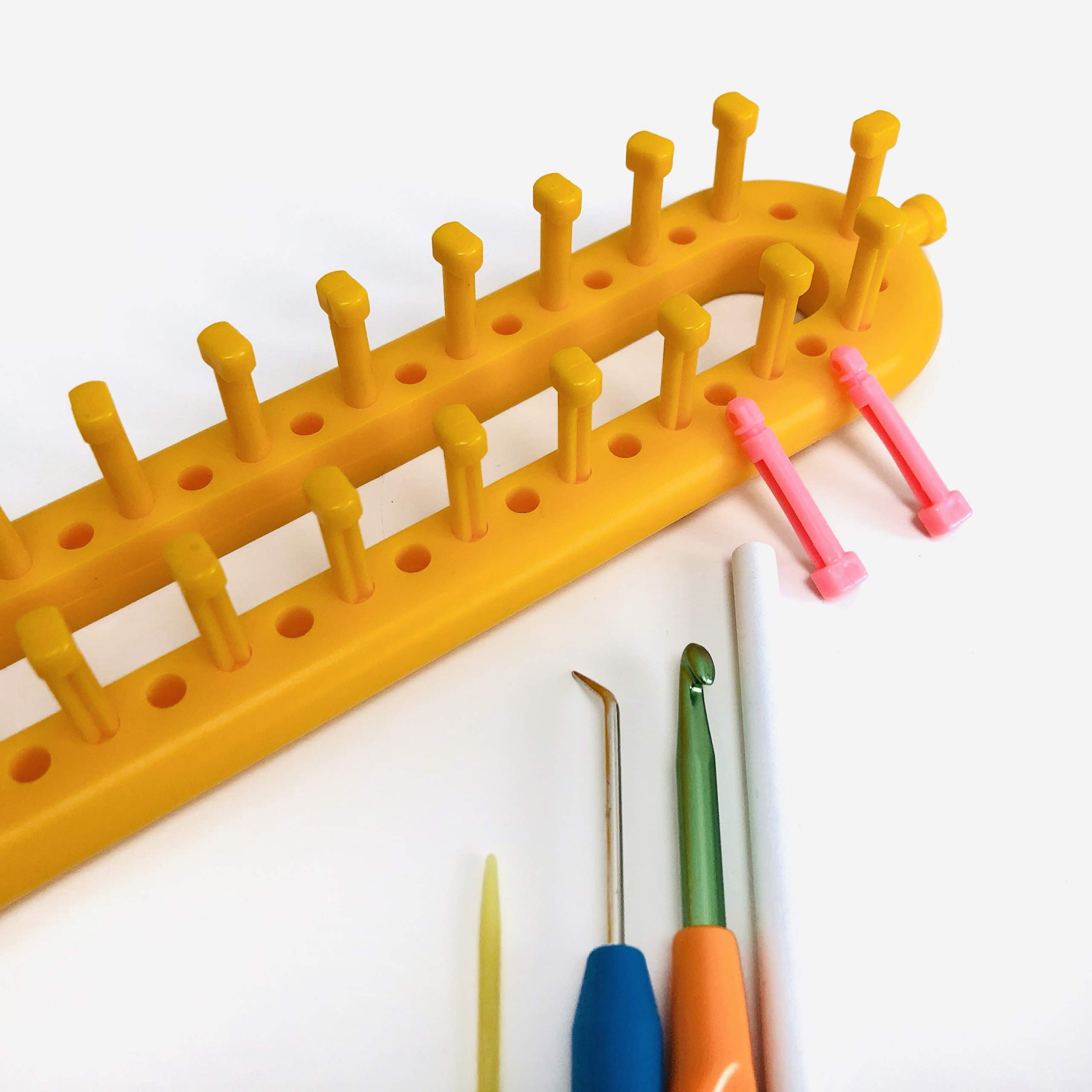 KnitUK Long Yellow Knitting Loom (36cm): 38 pegs + 38 Pink Extra pegs.