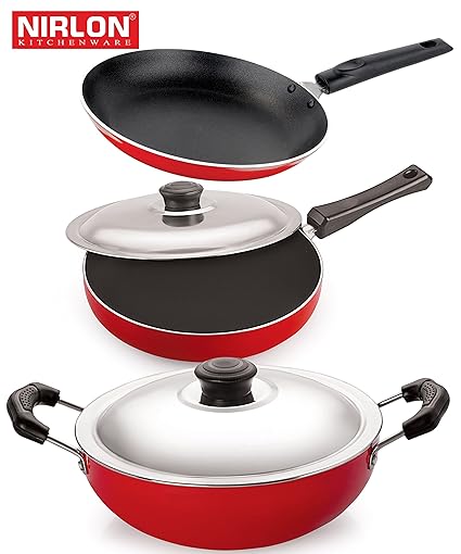 Nirlon Non-Stick Aluminium Cookware Set, 3-Pieces, Red/Black (2.6mm_FP12_DKDM_TP)