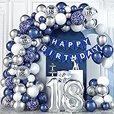 18th Birthday Decorations for Boys Blue Silver Balloons Garland Arch Kit with Number Foil Confetti Balloon Happy Birthday Bunting Banner Navy Blue Silver Party Decor for 18 Years Old Girls Anniversary