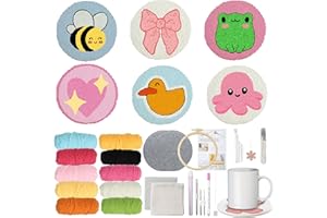 QICI Punch Needle Coaster Kit - 6PCS Easy DIY Punch Needle Embroidery Kit for Beginners Adults Kids Including Patterns, Tools, Yarns, Hoop, Instruction, Coaster Holder Art Craft Supplies