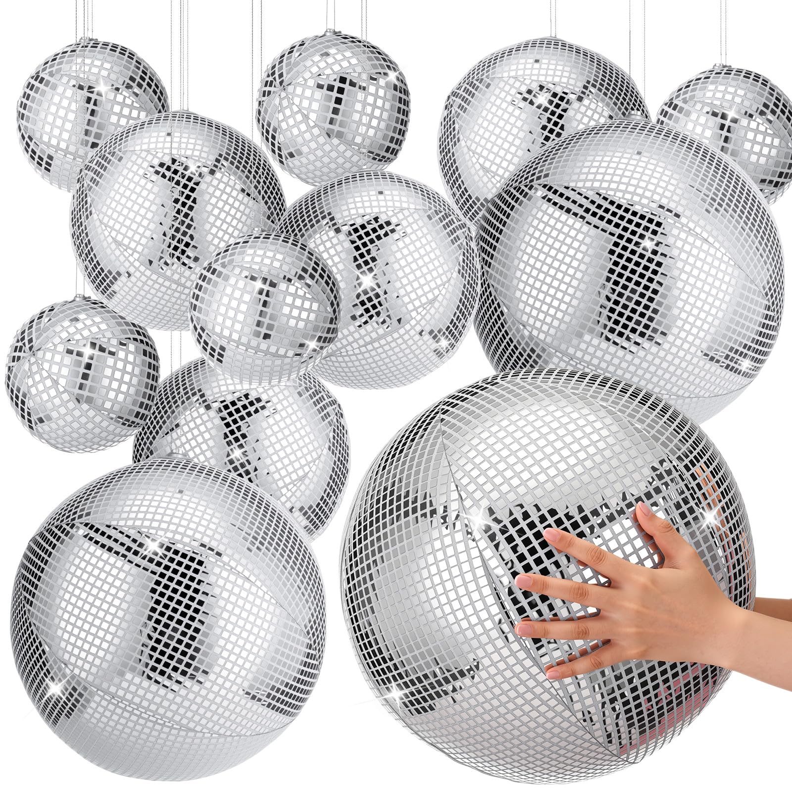 Photo 1 of HyDren 12 Set Inflatable Disco Ball with Cover Foldable Hanging Mirror Disco Ornaments for Summer Beach Wedding Birthday Baby Shower Bachelorette Party Indoor Outdoor (16/12/8/6 Inch)