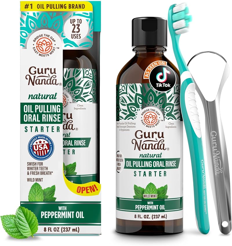 GuruNanda Starter Pulling Oil Mouthwash Coconut Mint 237 ml with Brush