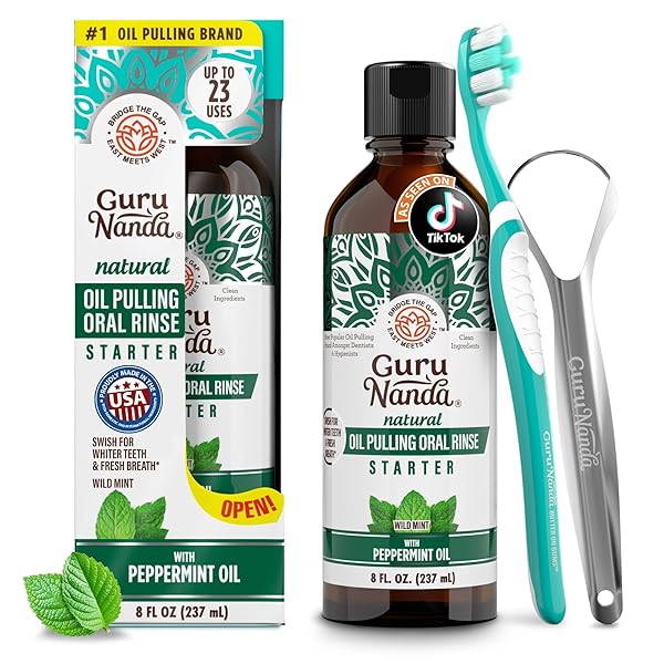 GURUNANDA STARTER PULLING OIL MOUTHWASH FOR NATURAL TEETH WHITENING, COCONUT AND PEPPERMINT OIL FOR FRESH BREATH & HAPPY GUMS, WITH TOOTHBRUSH & TONGUE SCRAPER, ALCOHOL-FREE, 8 OZ