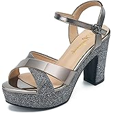 hingswink Womens Sparkly Platform Dress Sandals for Women Chunky Block Heel 3.8 Inch High Heels Open Toe with Strap for Women Comfortable Sexy Dressy Prom Wedding Party Evening Shoes