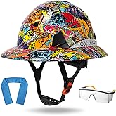 DS-SMAAT Structure Full Brim Hard Hat with Glasses and Cooling Towel Adjustable Ventilation Reflective Helmet ANSI Z89.1 Type OSHA Approved 6 Point Hanging Helmet for Industrial