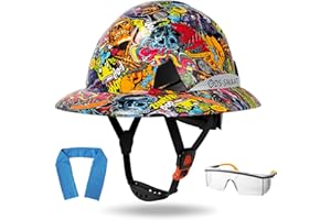 DS-SMAAT Structure Full Brim Hard Hat with Glasses and Cooling Towel Adjustable Ventilation Reflective Helmet ANSI Z89.1 Type OSHA Approved 6 Point Hanging Helmet for Industrial