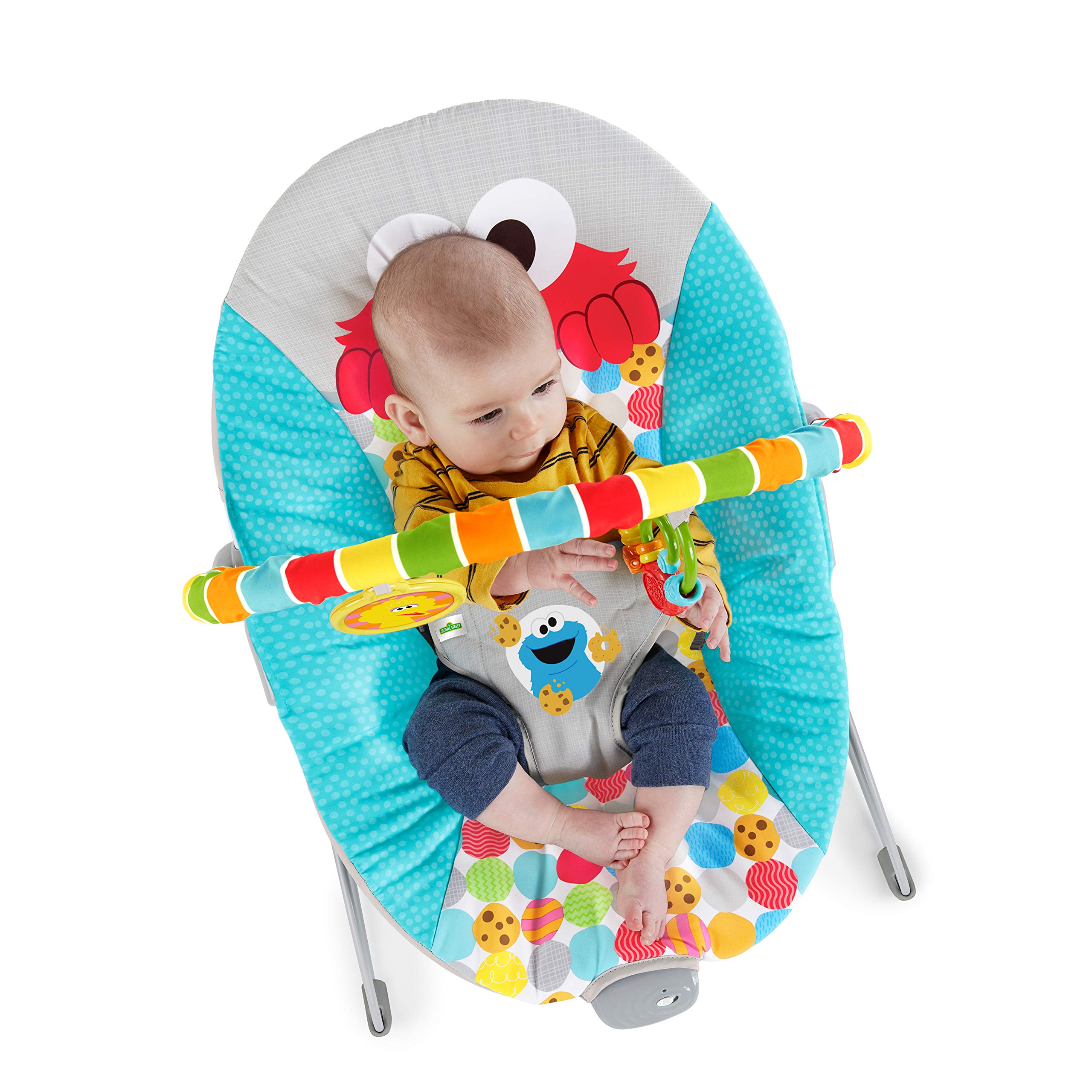 Bright Starts Sesame Street Baby Bouncer Soothing Vibrations Infant Seat - I Spot Elmo! with Cookie Monster and Big Bird - Removable-Toy Bar, 0-6 Months Up to 20 lbs
