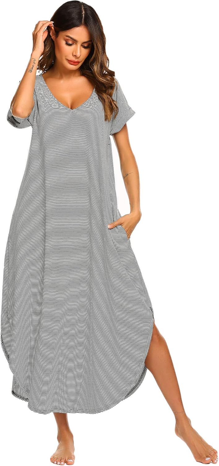 Ekouaer Sleepwear Women's Casual V Neck Nightshirt Short Sleeve Long Nightgown S-XXL at  Women’s Clothing store