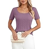 Arach&Cloz Women 2025 Spring Short Sleeve Square Neck T Shirts Knit Pullover Sweater Business Casual Dressy Tops
