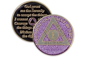 THE TOKEN SHOP 10 Year Sobriety Coin | Glitter Triplate AA Chip Recovery Anniversary Token (Purple)